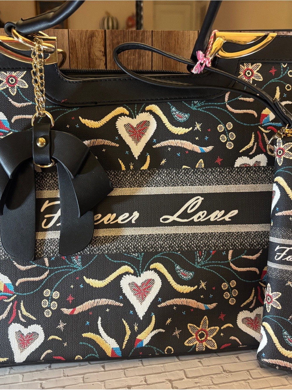 Forever 21 Black Floral Heart Tote with Bow Charm